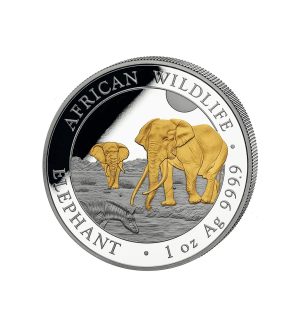Perspectiva frontal de la cruz de la moneda de plata bañada en oro Elefante de Somalia de 1oz de 2026