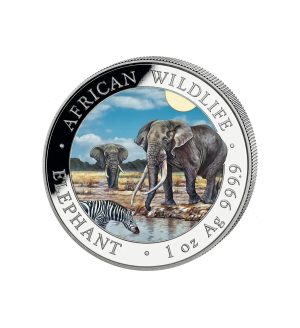 Perspectiva frontal de la moneda de plata Elefante de Somalia de 1oz de 2026, que muestra a dos elefantes bebiendo en un lago a color