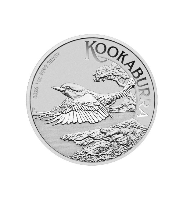moneda-kookaburra-plata-1oz-2026 Perspectiva frontal de la moneda de plata Kookaburra de 1oz de 2026, que muestra al ave volando
