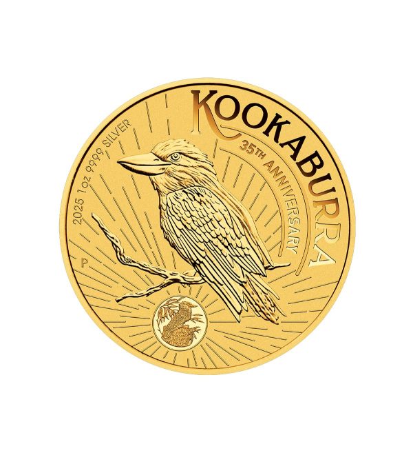 moneda-kookaburra-plata-dorada-1oz-2025-35o-aniversario Moneda de plata bañada en oro Kookaburra de 1oz de 2025