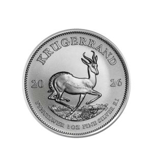 Perspectiva frontal de la cruz de la moneda de plata Krugerrand de 1oz de 2026