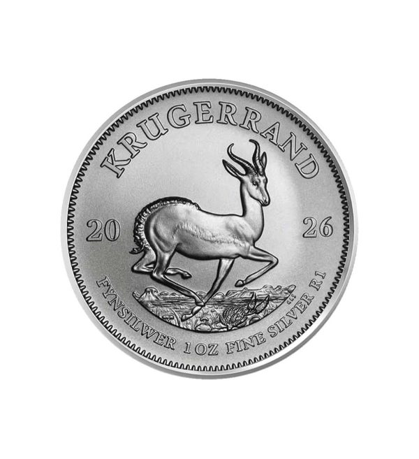 Perspectiva frontal de la cruz de la moneda de plata Krugerrand de 1oz de 2026