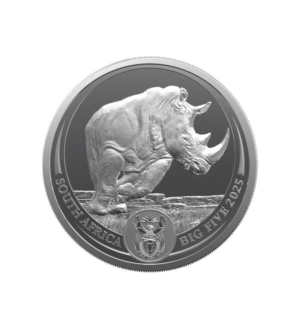 moneda-rinoceronte-plata-1oz-2025 Perspectiva frontal de la moneda de plata Rinoceronte de 1oz de 2025