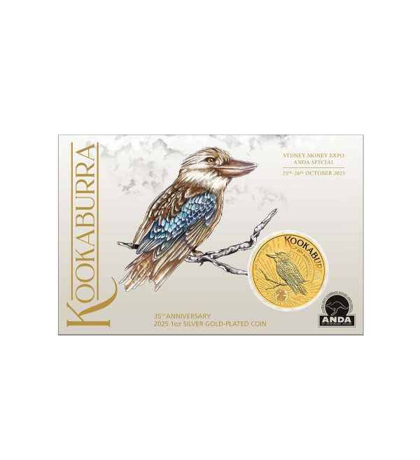 packaging-moneda-kookaburra-plata-dorada-1oz-2025-35o-aniversario Packaging de la Moneda de plata bañada en oro Kookaburra de 1oz de 2025, que muestra al ave sobre una rama de árbol