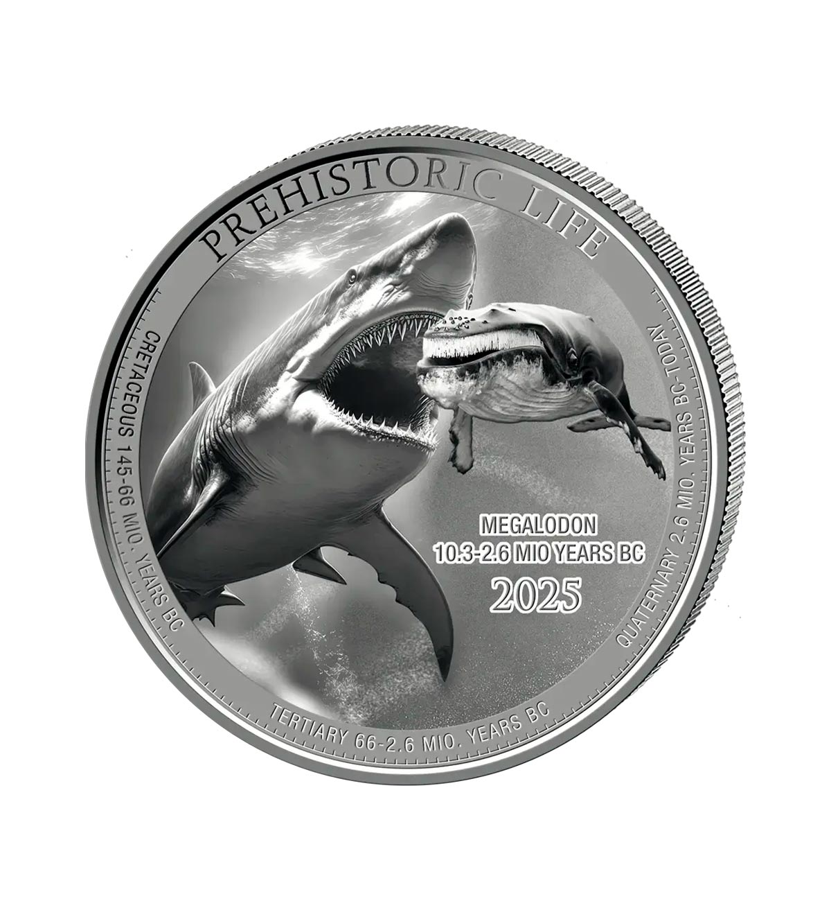 Moneda Megalodon Plata 1 Oz 2025 — Prehistoric Life