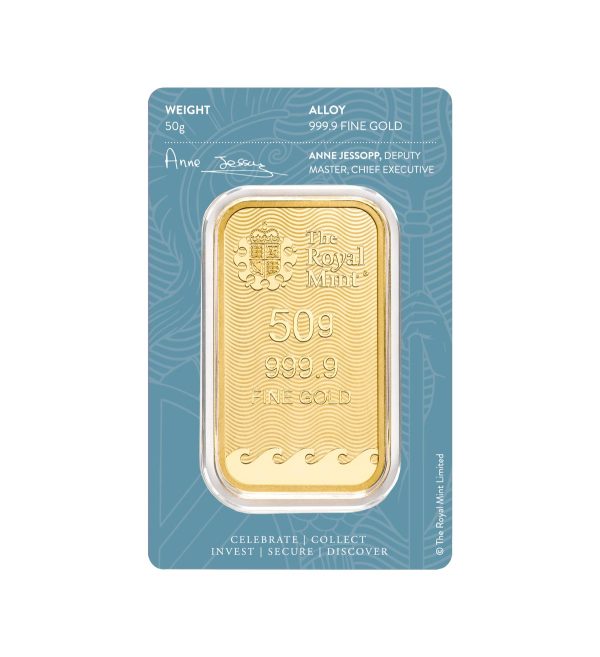 Perspectiva frontal del anverso del lingote de oro Britannia de 50gr con su blíster
