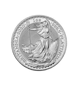 Perspectiva frontal de la cruz de la moneda de platino Britannia de 1oz de 2020, que muestra a la diosa portando un tridente
