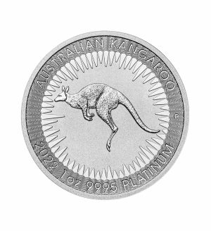 Perspectiva frontal de la cruz de la moneda de platino Canguro de 1oz de 2022, que muestra una silueta del animal de lado saltando