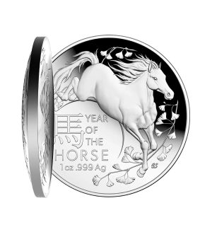 Perspectiva frontal y lateral de la moneda cúpula de plata Año del Caballo de 1oz de 2026