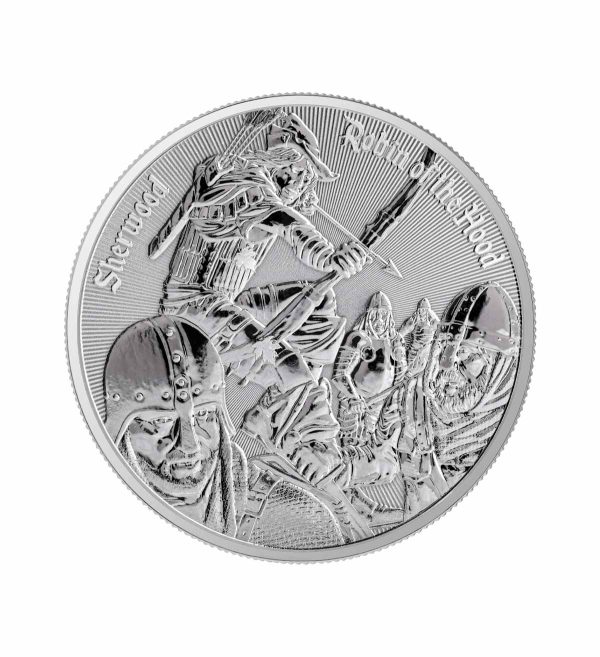 Perspectiva frontal de la cruz de la moneda de plata Robin of the Hood de 1oz de 2024, que muestra al personaje utilizando un arco