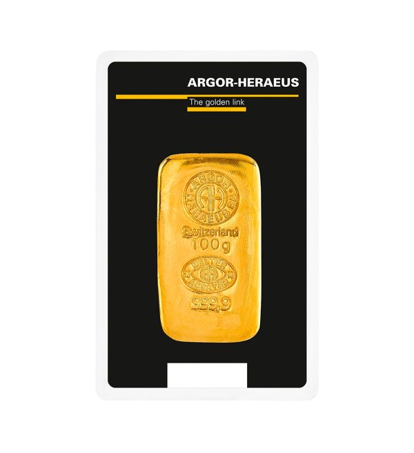 Perspectiva frontal del lingote fundido de 100 gramos de la marca Argor-Heraeus