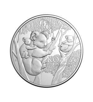 Perspectiva frontal de la cruz de la moneda de plata Koala de 1oz de 2026, que muestra a una familia de koalas sobre las ramas de varios árboles