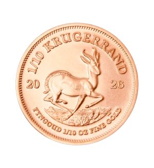 Perspectiva frontal de la cruz de la moneda de oro Krugerrand de 1/10oz de 2026, que muestra el antílope