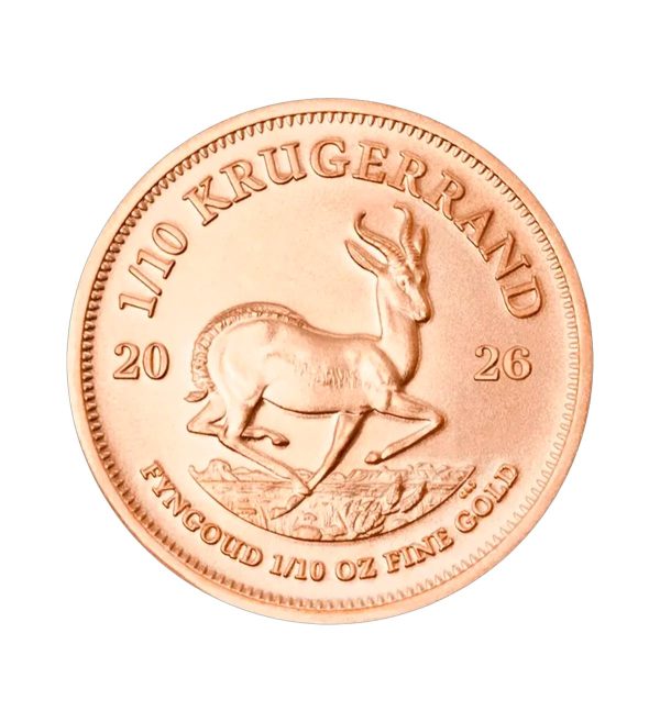 Perspectiva frontal de la cruz de la moneda de oro Krugerrand de 1/10oz de 2026, que muestra el antílope