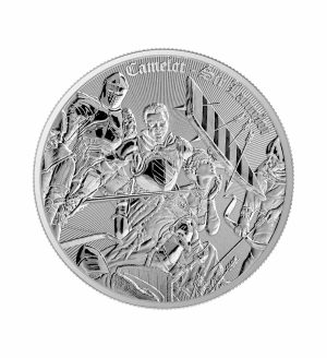 Perspectiva frontal de la cruz de la moneda de plata Sir Lancelot de 1oz de 2024