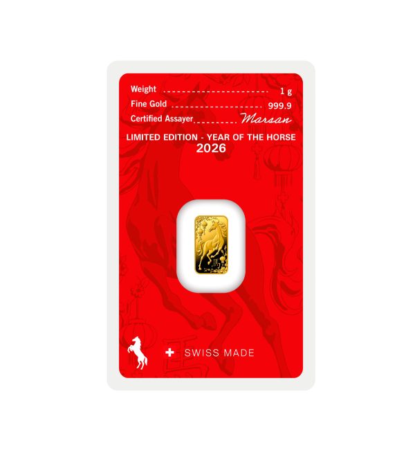 Perspectiva frontal del blíster del lingote de 1 gramo de oro Año del Caballo de la compañía Argor-Heraeus