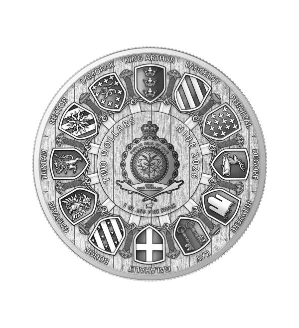 Perspectiva frontal de la cara de la moneda de plata Sir Perceval de 1oz de 2026, que muestra los escudos de los caballeros de la mesa redonda