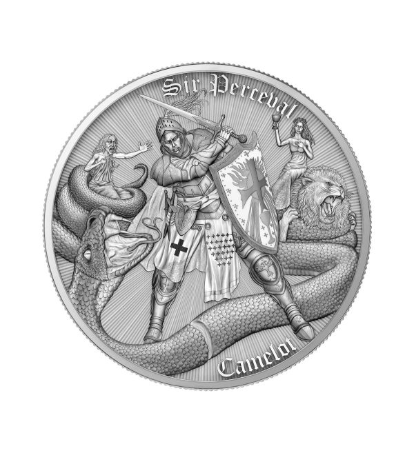 Perspectiva frontal de la moneda de plata Sir Perceval de 1oz de 2026, que muestra al héroe derrotando a una serpiente gigante