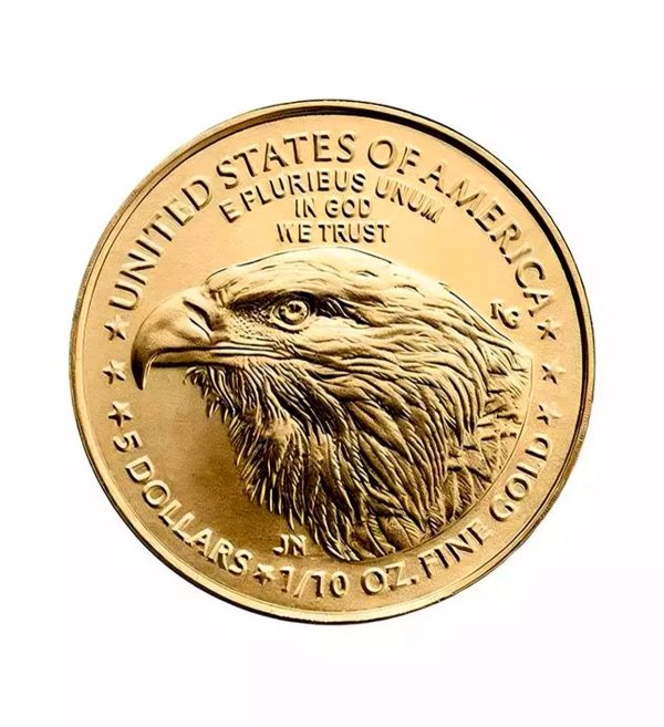 moneda-american-eagle-oro-1-10-oz-2026 Perspectiva frontal de la cara de la moneda de oro American Eagle de 1/10oz de 2026, que muestra el rostro del águila
