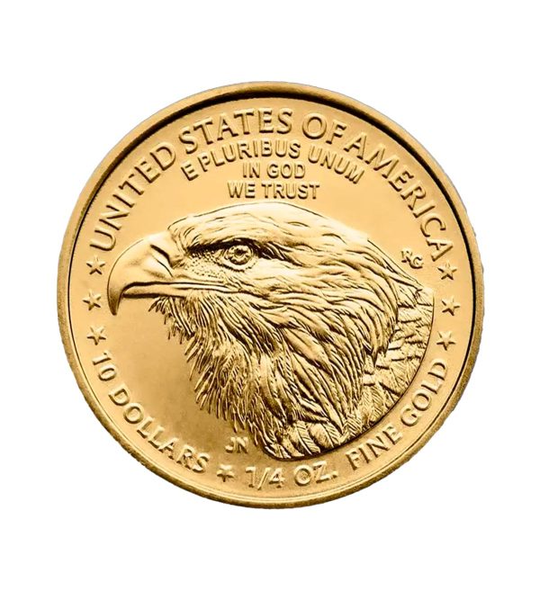 moneda-american-eagle-oro-1-4-oz-2026 Perspectiva frontal de la cara de la moneda de oro American Eagle de 1/4oz de 2026, que muestra el rostro del águila