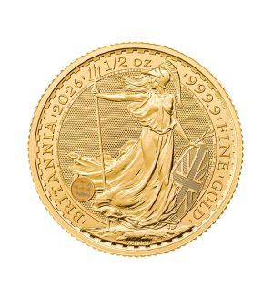Perspectiva frontal de la cruz de la moneda de oro Britannia de 1/2oz de 2026, que muestra a la diosa portando un tridente