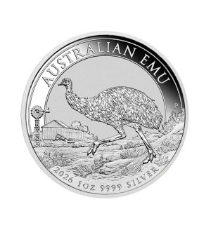 moneda-emu-australiano-plata-1-oz-2026 Perspectiva frontal de la cruz de la moneda de plata Emú australiano de 1oz de 2026, que muestra al animal paseando por un entorno natural