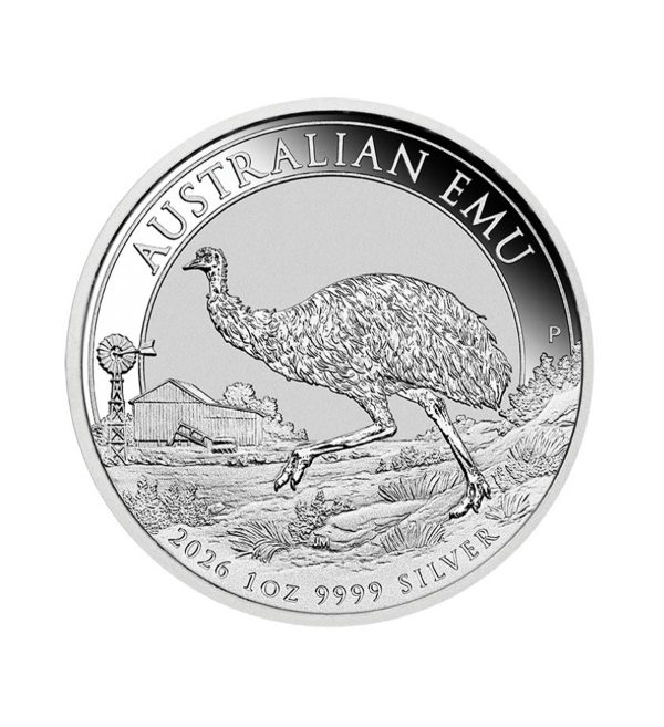 Perspectiva frontal de la cruz de la moneda de plata Emú australiano de 1oz de 2026, que muestra al animal paseando por un entorno natural