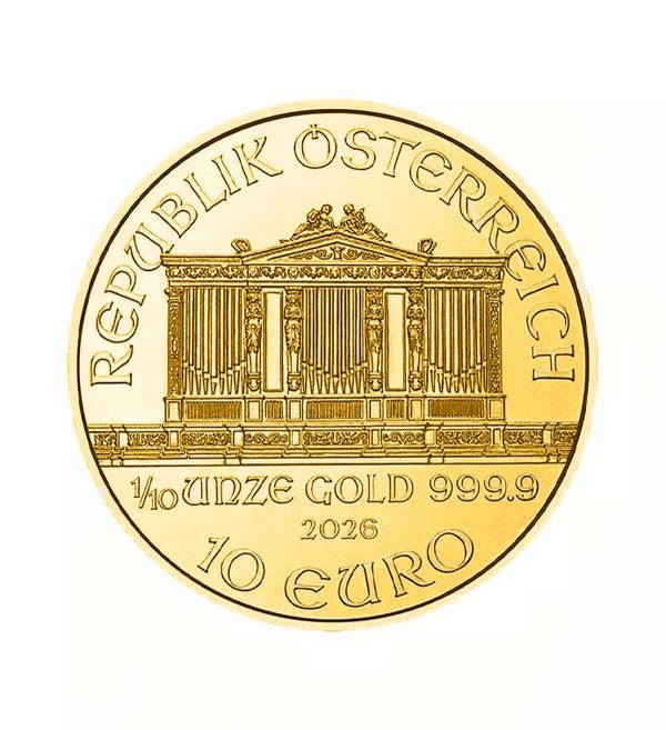 Perspectiva frontal de la cara de la moneda de oro Filarmónica de Viena de 1/10oz de oro de 2026