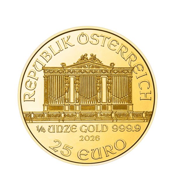 Perspectiva frontal de la cara de la moneda de oro Filarmónica de Viena de 1/4oz de oro de 2026