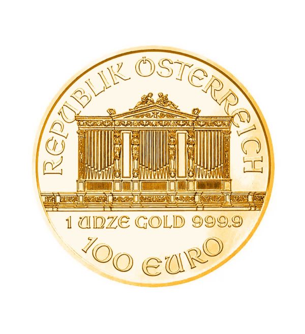 Perspectiva frontal de la cara de la moneda de oro Filarmónica de Viena de 1oz de 2026