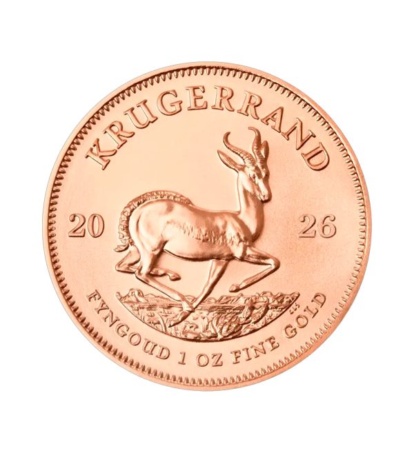 moneda-krugerrand-oro-1-oz-2026 Perspectiva frontal de la cruz de la moneda de oro Krugerrand de 1oz de 2026, que muestra al antílope