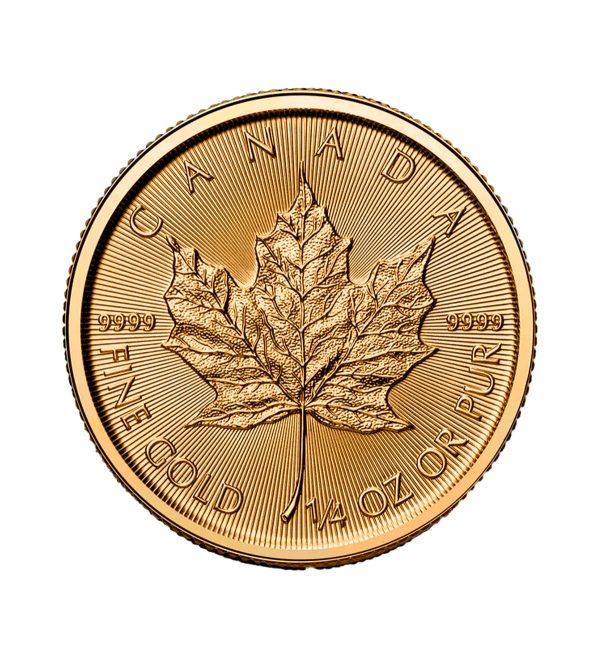 Perspectiva frontal de la cruz de la moneda de oro Maple Leaf de 1/4oz de 2026