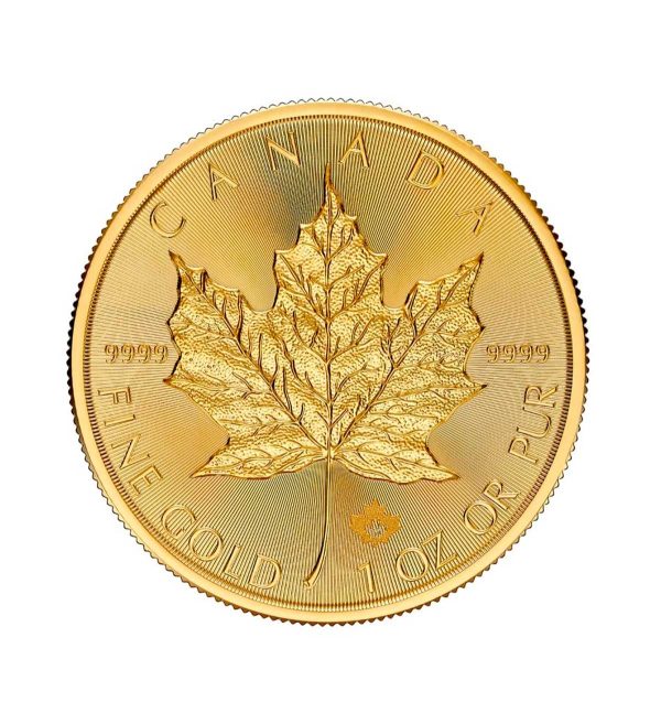 Perspectiva frontal de la cruz de la moneda de oro Maple Leaf de 1oz de 2026, que muestra el símbolo nacional canadiense
