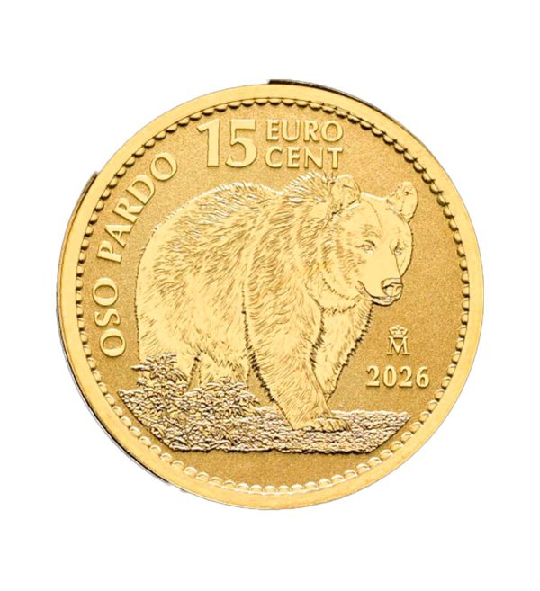 Perspectiva frontal de la cruz de la moneda de oro Oso pardo de 1/10oz de 2026