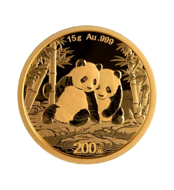 Perspectiva frontal de la moneda de oro Panda Chino de 15gr de 2026, que muestra a dos pandas sentados en un bosque de bambú