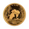 Perspectiva frontal de la moneda de oro Panda Chino de 3gr de 2026, que muestra a dos pandas sentados en un bosque de bambú
