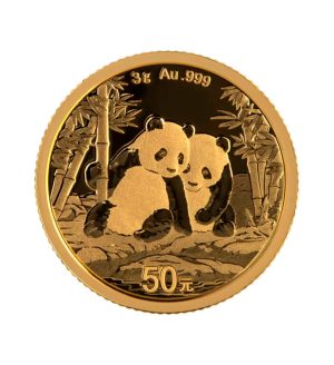 moneda-panda-chino-oro-3-gr-2026 Perspectiva frontal de la moneda de oro Panda Chino de 3gr de 2026, que muestra a dos pandas sentados en un bosque de bambú