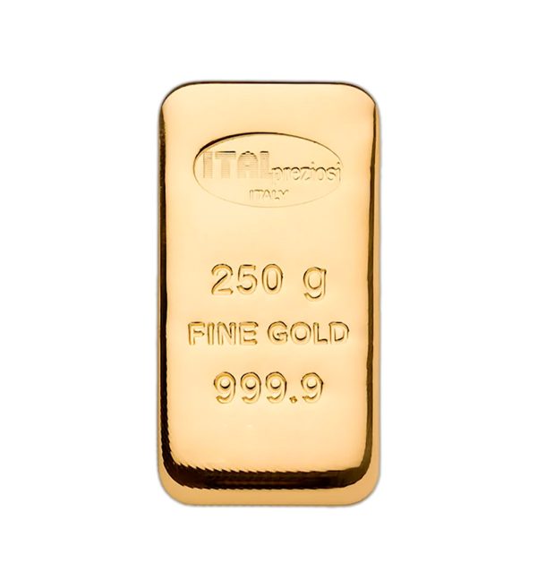 Perspectiva frontal del lingote de oro Italpreziosi de 250 gramos