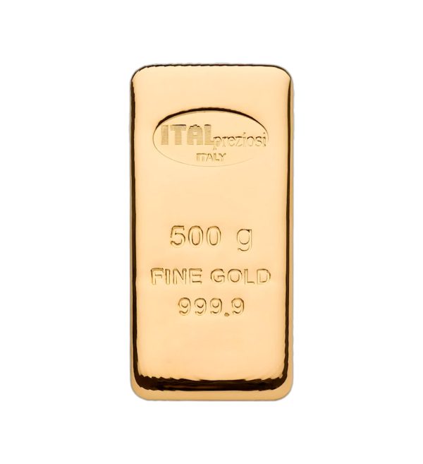 Perspectiva frontal del lingote de oro Italpreziosi de 500 gramos