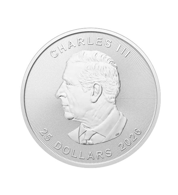 cara-moneda-grand-maple-leaf-plata-5oz-2026 Perspectiva frontal de la cara de la moneda de plata Grand Maple Leaf de 5oz de 2026