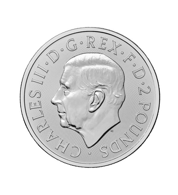 Perspectiva frontal de la cara de la moneda de plata San Jorge y el Dragón de 1oz de 2026