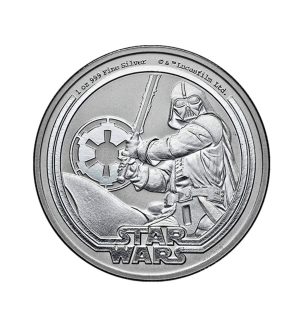 moneda-darth-vader-plata-1oz-2026 Perspectiva frontal de la cruz de la moneda de plata Darth Vader de 1oz de 2026, perteneciente a la colección de Star Wars