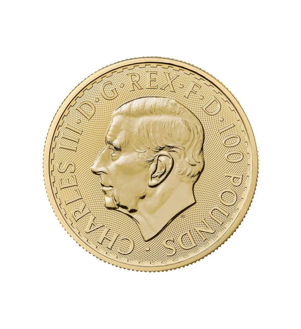 Perspectiva frontal de la cara de la moneda de oro Britannia de 1oz de 2027