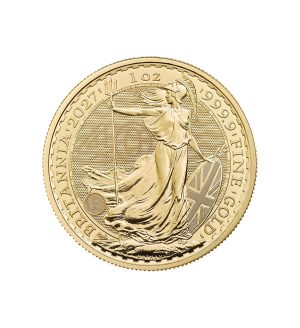 Perspectiva frontal de la moneda de oro Britannia de 1oz de 2027, que muestra a la diosa sosteniendo un tridente